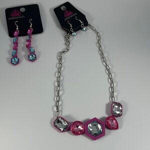 Paparazzi Fuchsia and Silver Geometric Necklace Set